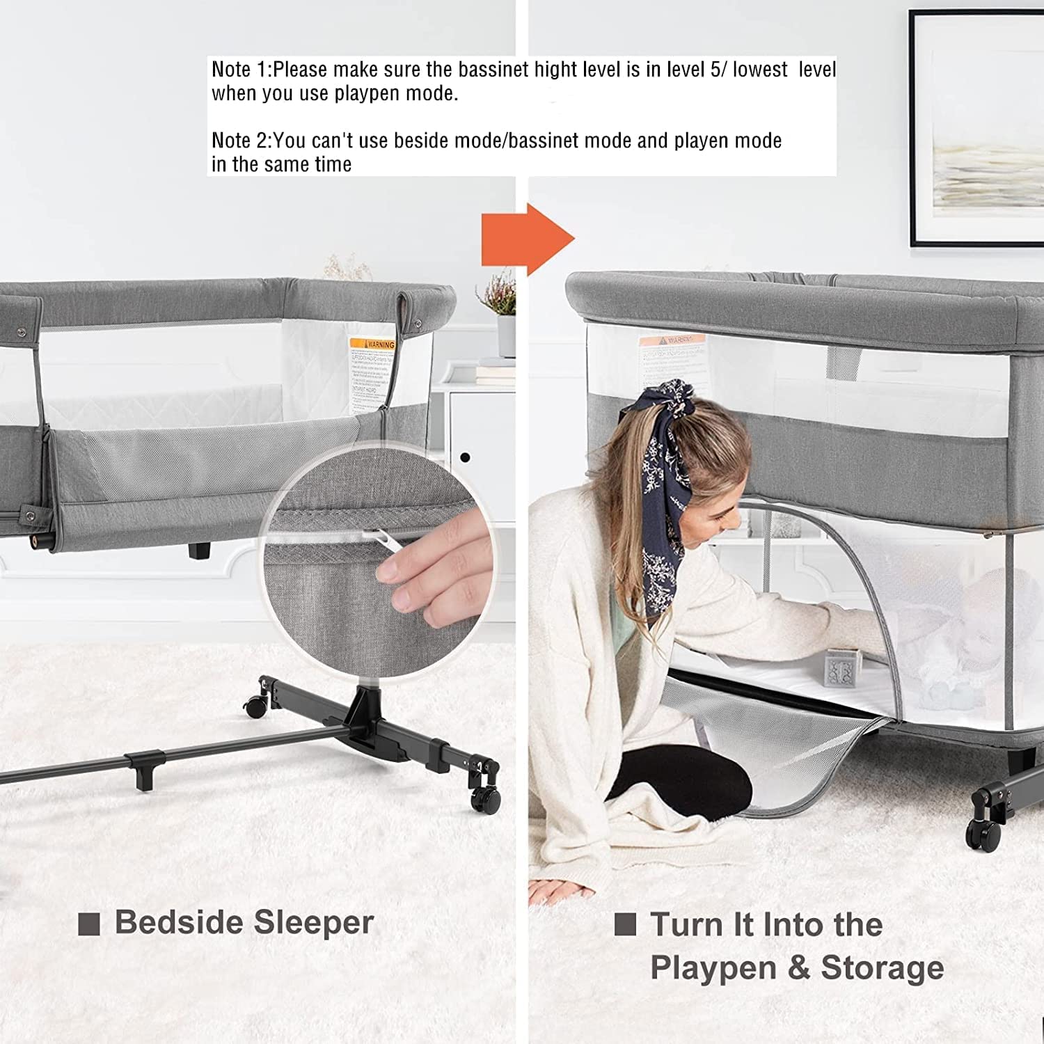 nordmiex 3 in 1 Baby Crib Bedside Crib,Baby Bassinet,Baby Bed Adjustable Portable Bed for Infant/Baby,Khaki - Image 4